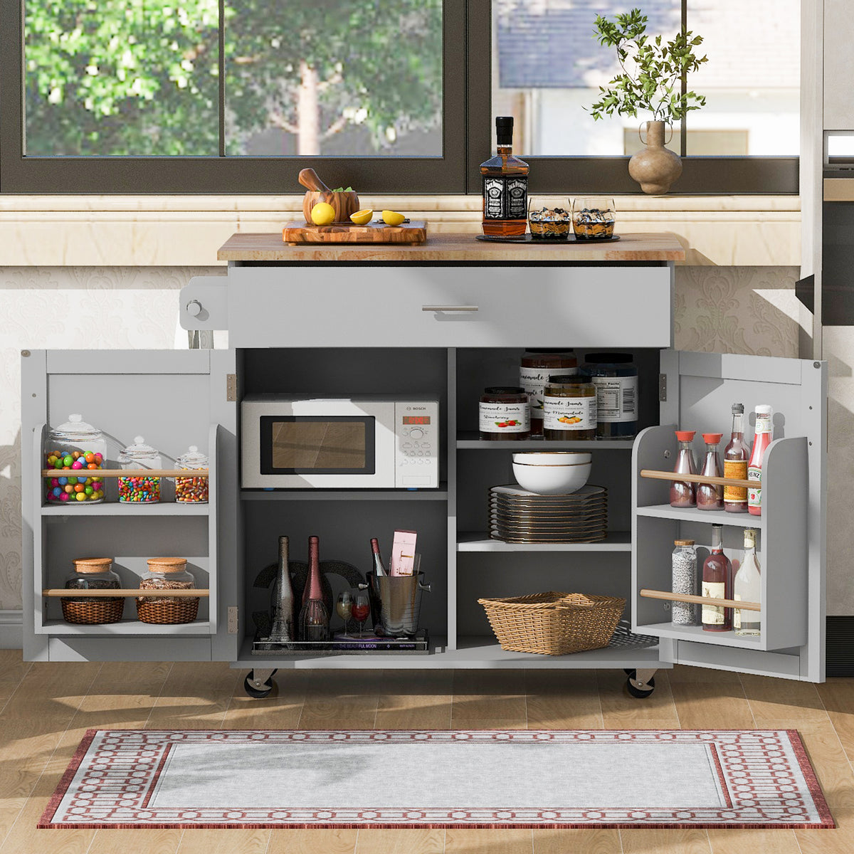 K&K Rolling Kitchen Island with Storage, Kitchen Cart with Rubber Wood Top, Spacious Drawer with Divider and Internal Storage Rack, Kitchen Island on Wheels with Adjustable Shelf Tower Rack, Grey WF316601AAG-djyc