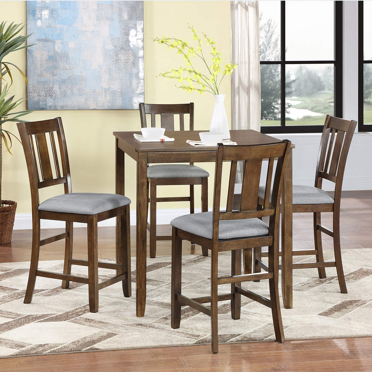 5 Piece Dining Table Set, Wooden Dining Square Table Set for 4, Counter Height Kitchen Table Set with Square Table and 4 Upholstered Chairs for Small Space, Walnut W1998S00035-djyc