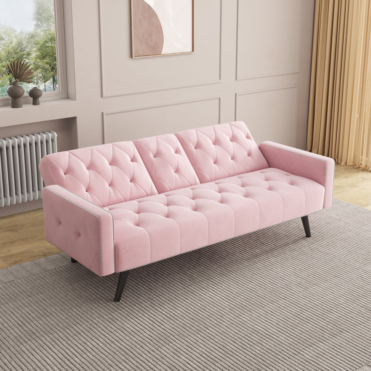 1730 Sofa Bed Armrest with Nail Head Trim with Two Cup Holders 72" Pink Velvet Sofa for Small Spaces W127850868-djyc