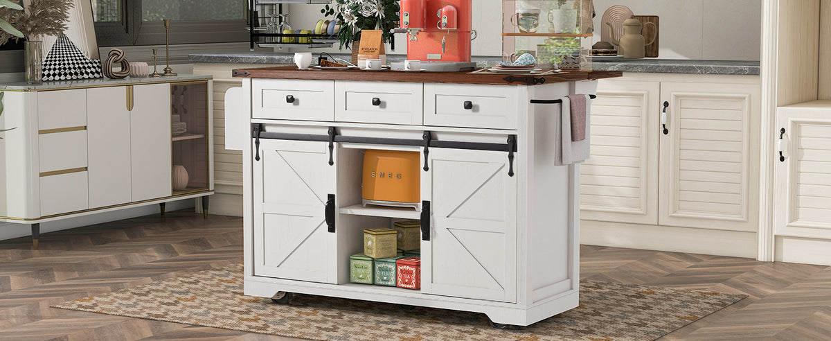 K&K 53.7" Farmhouse Kitchen Island with Power Outlet, 2 Sliding Barn Door Kitchen Storage Island with Drop Leaf, Spice Rack Rolling Kitchen Cart on Wheels, for Home, Kitchen and Dining Room, White N707P170347W-djyc