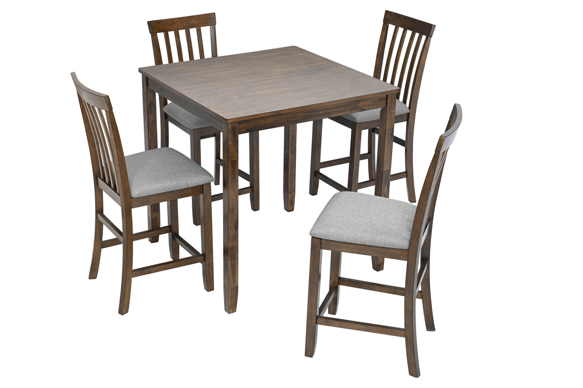 5 Piece Dining Table Set, Wooden Dining Square Table Set for 4, Counter Height Kitchen Table Set with Square Table and 4 Upholstered Chairs for Small Space, Walnut W1998S00034-djyc