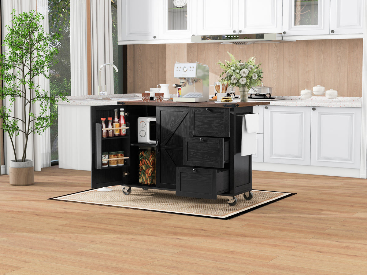 K&K 54.5" Farmhouse Kitchen Island with Power Outlet, Kitchen Storage Islandwith Internal Storage Rack, Drop Leaf, Spice Rack, Rolling Kitchen Cart on Wheels, for Home, Kitchen and Dining Room,Black N707P170349B-djyc