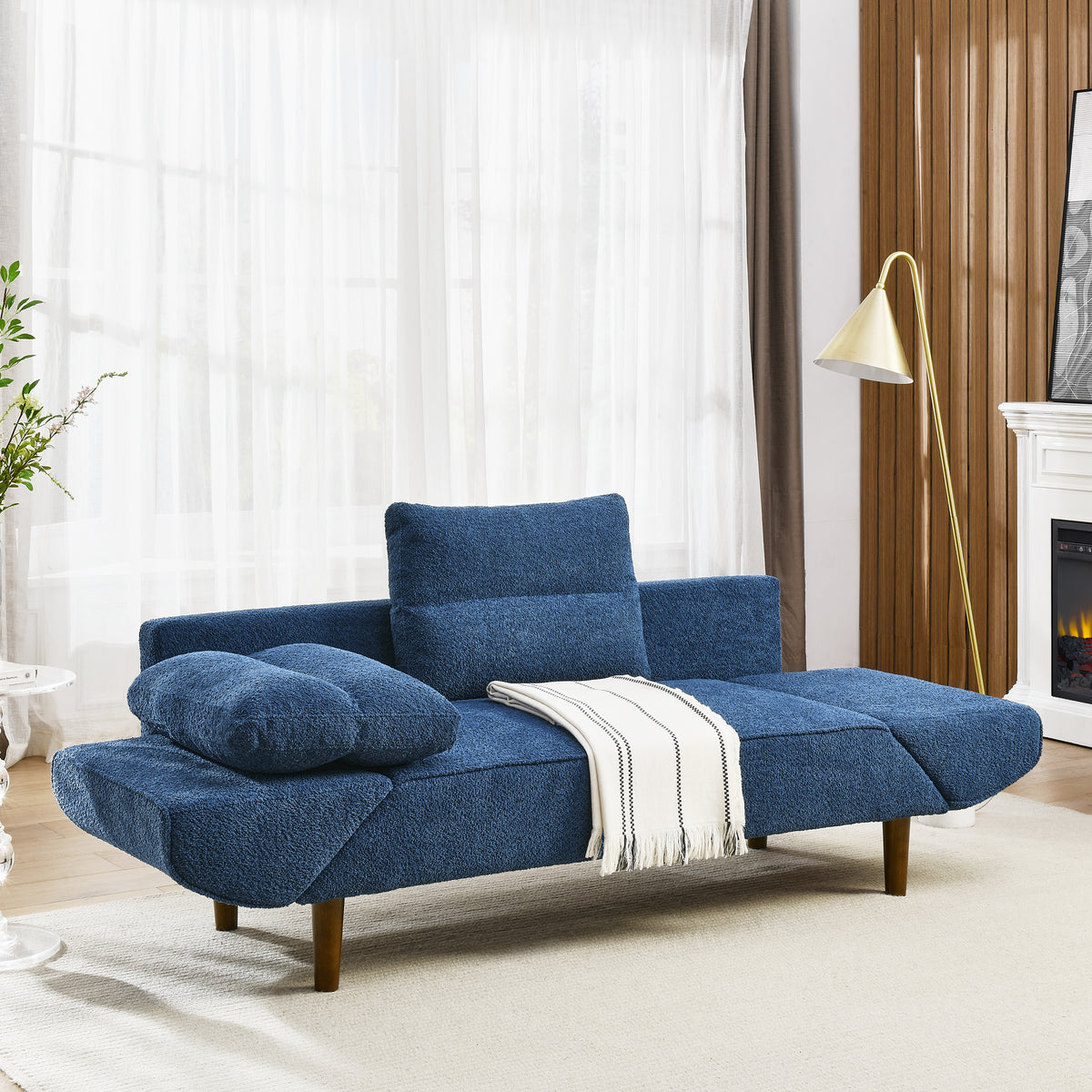 Convertible Futon Sofa Bed, Comfy Loveseat Sleeper Sofa with Adjustable Armrest, Strengthen Wood, Thick Padded Cushion, Small 2 Seater Couch for Living Room, Bedroom, Navy W487P180471-djyc