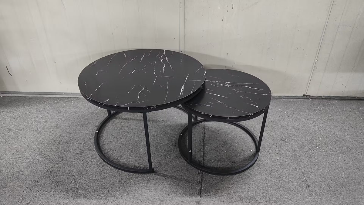 Nesting Coffee Table Set of 2, 27.6inch Round Coffee Table Wood Marble Pattern Top with Sturdy Metal Frame, End Table Side Tables for Living Room Bedroom Balcony Yard (Black) W808P176723-djyc