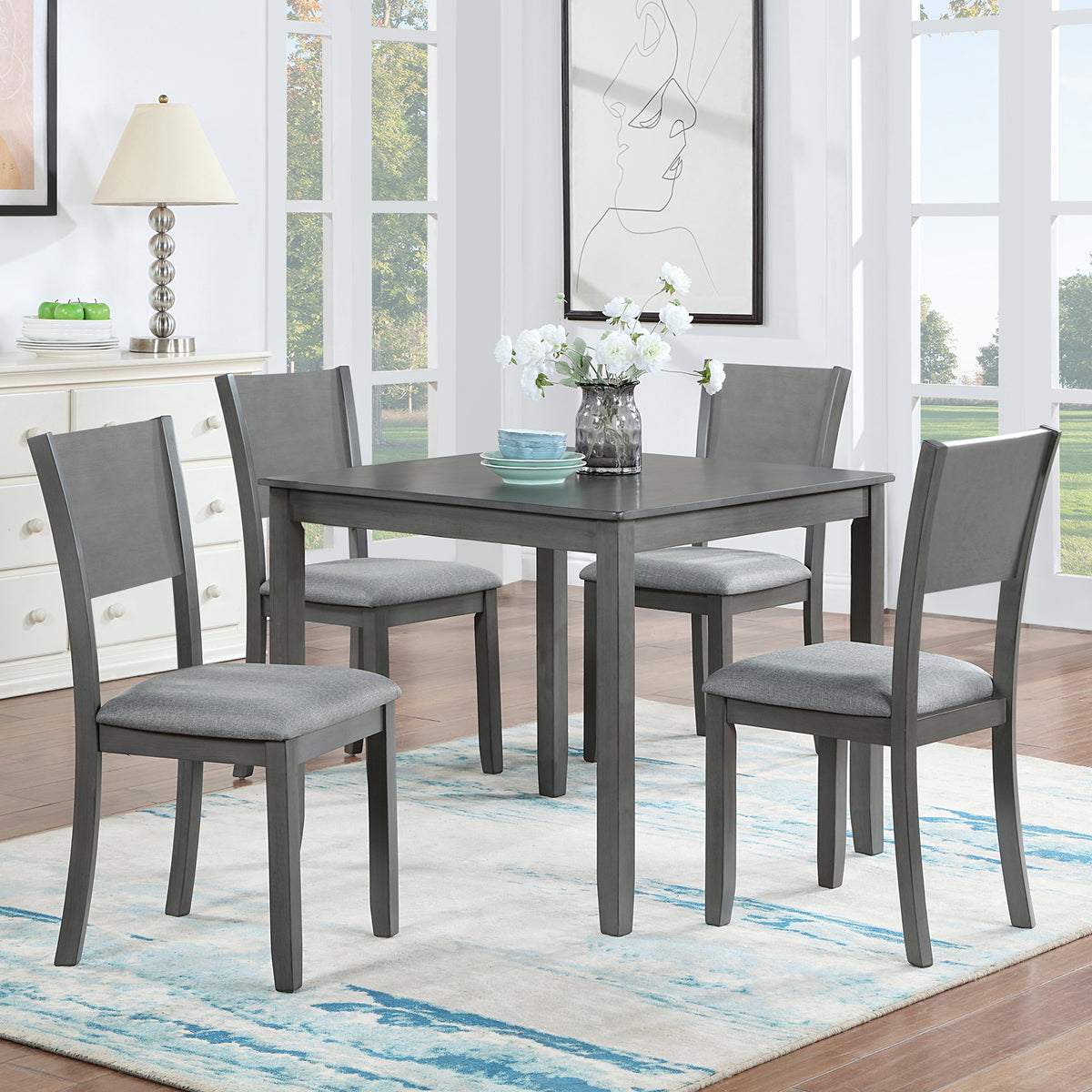 5 Piece Modern Dining Set, Square Wooden Dining Table with 4 Upholstered Chairs for Kitchen, Dining Room, Gray W1998S00056-djyc