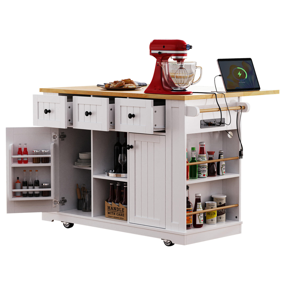 K&K 53inch Large Kitchen Island with Drop Leaf, Power Outlet, Door Internal Storage Rack, Rolling Kitchen Cart on 5 Wheels with 5 Open Side Racks for Kitchen, Dining Room,White(Not include bar stools) N707P185531W-djyc