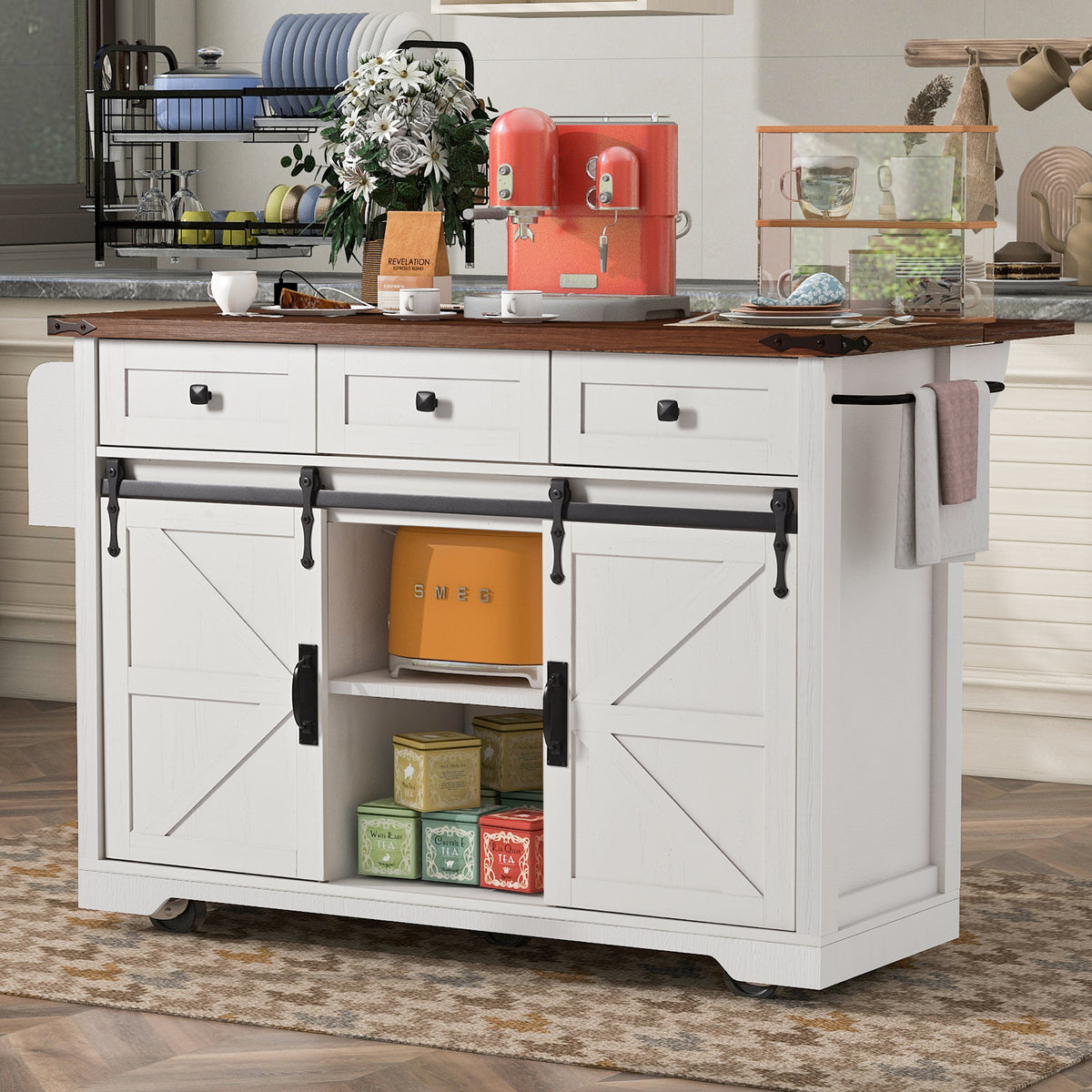 K&K 53.7" Farmhouse Kitchen Island with Power Outlet, 2 Sliding Barn Door Kitchen Storage Island with Drop Leaf, Spice Rack Rolling Kitchen Cart on Wheels, for Home, Kitchen and Dining Room, White N707P170347W-djyc