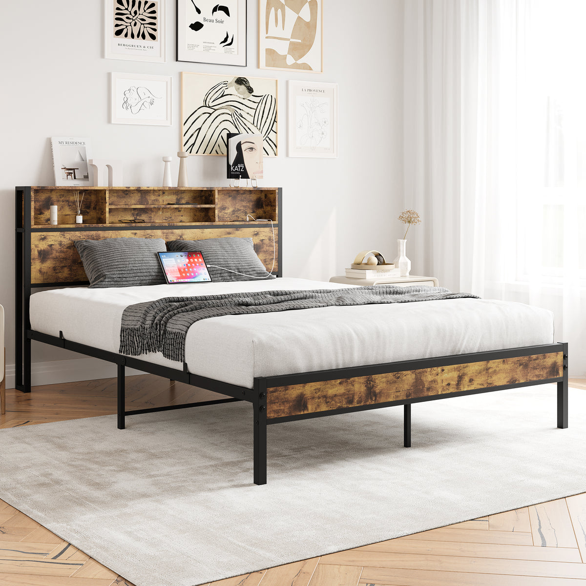 Queen Bed Frame with Storage Headboard, Metal Platform Bed with Charging Station,Bookcase Storage, No Box Spring Needed, Easy Assembly, Noise-Free, Black W840127764-djyc