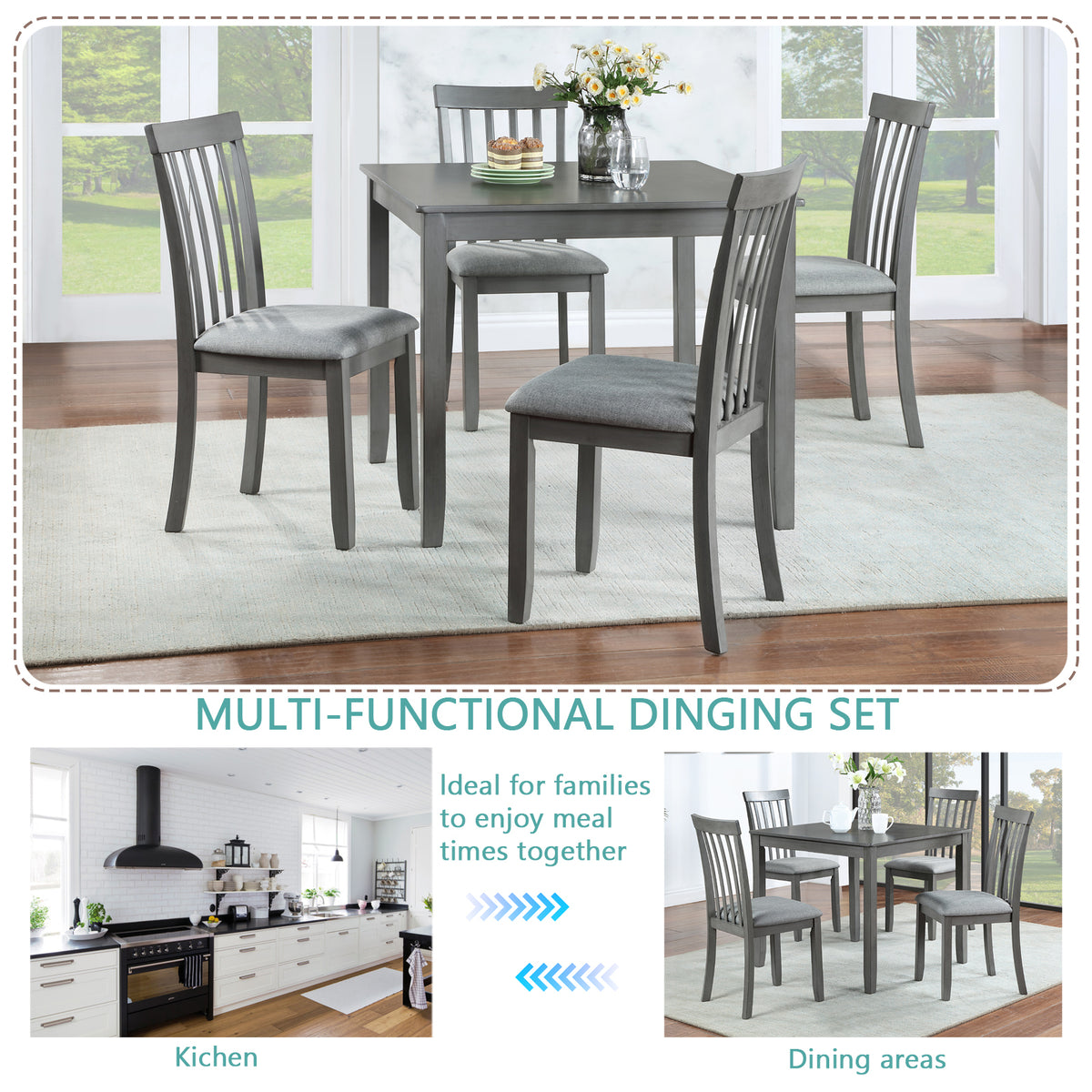 5 Piece Modern Dining Set, Square Wooden Dining Table with 4 Upholstered Chairs for Kitchen, Dining Room, Gray W1998S00022-djyc