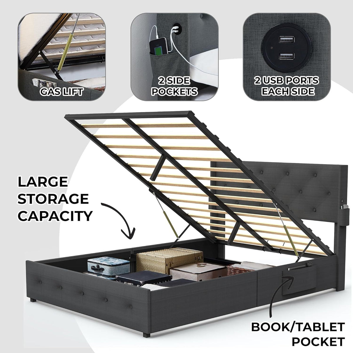 Full Size Bed Frame with Gas Lift Storage Bed with Modern Wingback Headboard, USB Ports W1960P176242-djyc