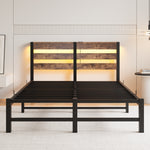 Full SizeMetal Bed Frame with Wooden Headboard, RGB Lights,Charger, Storage Shelf, Noise-Free, No Box Spring Needed,Rustic Brown W840P209896-djyc