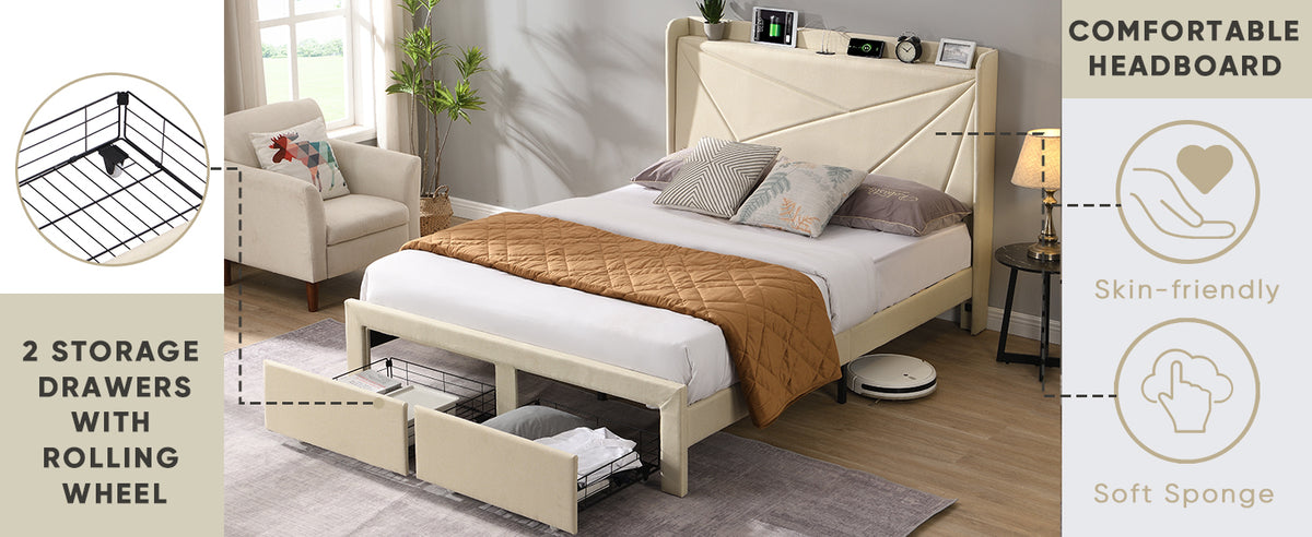 Full Size Bed Frame with 2 Storage Drawers, Upholstered Bed Frame with Wingback Headboard Storage Shelf Built-in USB Charging Stations and Strong Wood Slats Support, No Box Spring Needed, Beige W1916126256-djyc