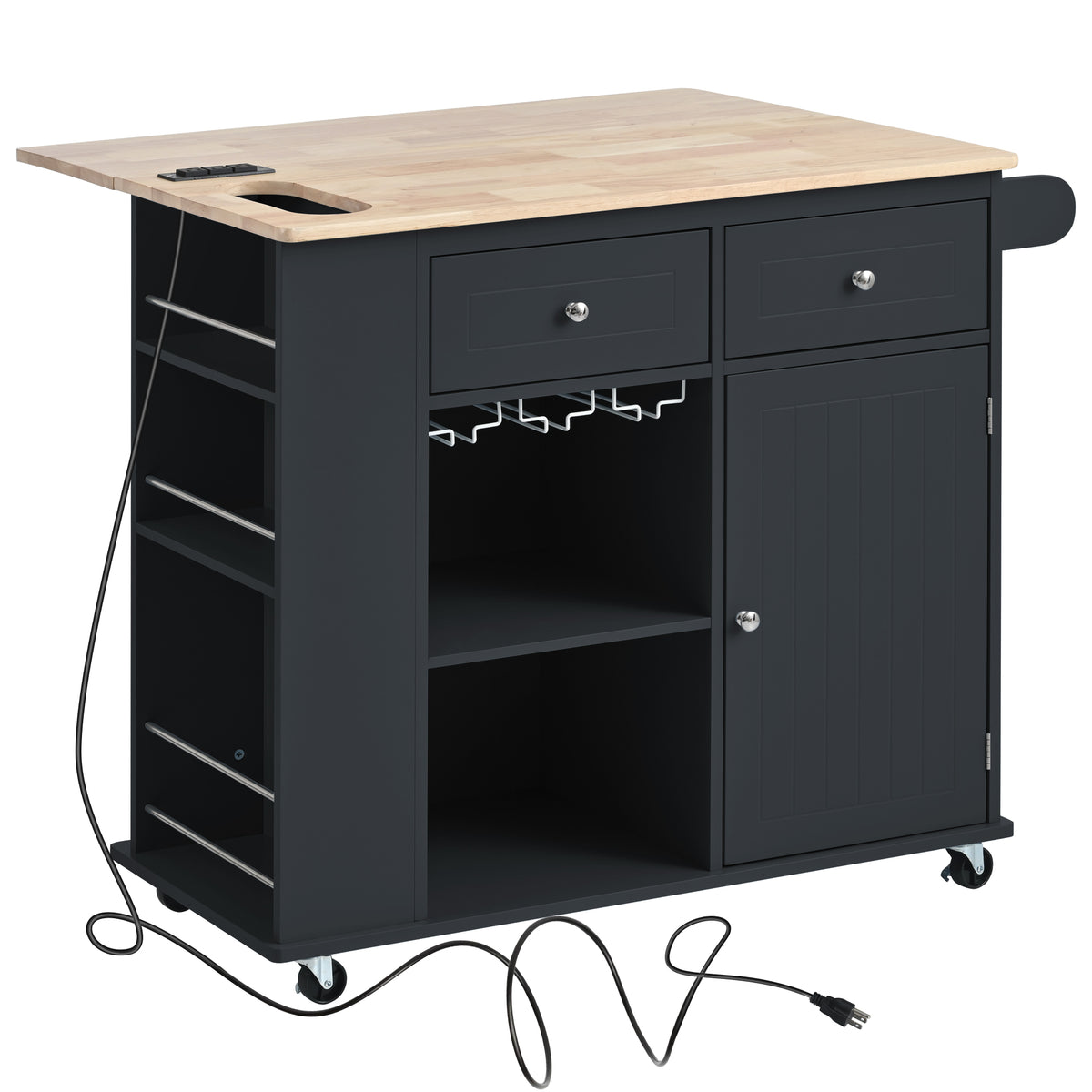 Kitchen Island with Power Outlet,Kitchen Storage Island with Drop Leaf and Rubber Wood,Open Storage and Wine Rack,5 Wheels,with Adjustable Storage for Home, Kitchen, and Dining Room, Black WF305556AAB-djyc