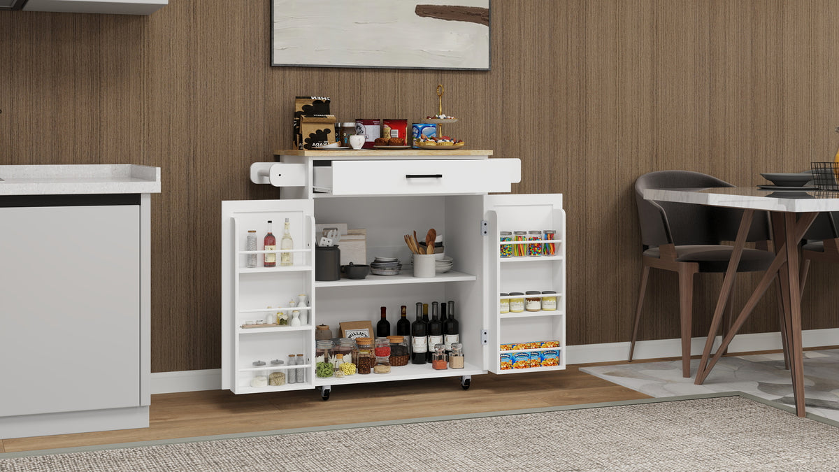 Kitchen island rolling trolley cart with 1 drawer & 2 doors with storage racks & Adjustable Shelves & towel rack & seasoning rack rubber wood table top-White W282P163314-djyc