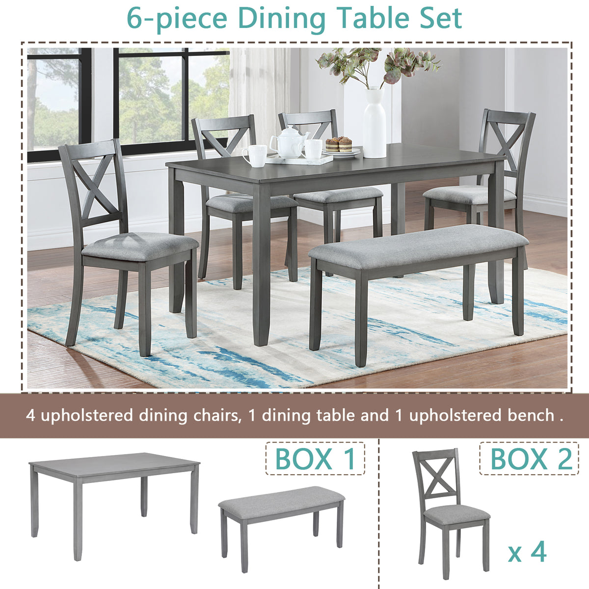 6 Piece Kitchen Dining Set, Rectangular Wooden Dining Table with 4 Upholstered Chairs and a Bench, Dining Table Set for 6 People, Living Room, Home Bar and Kitchen, Gray W1998S00004-djyc