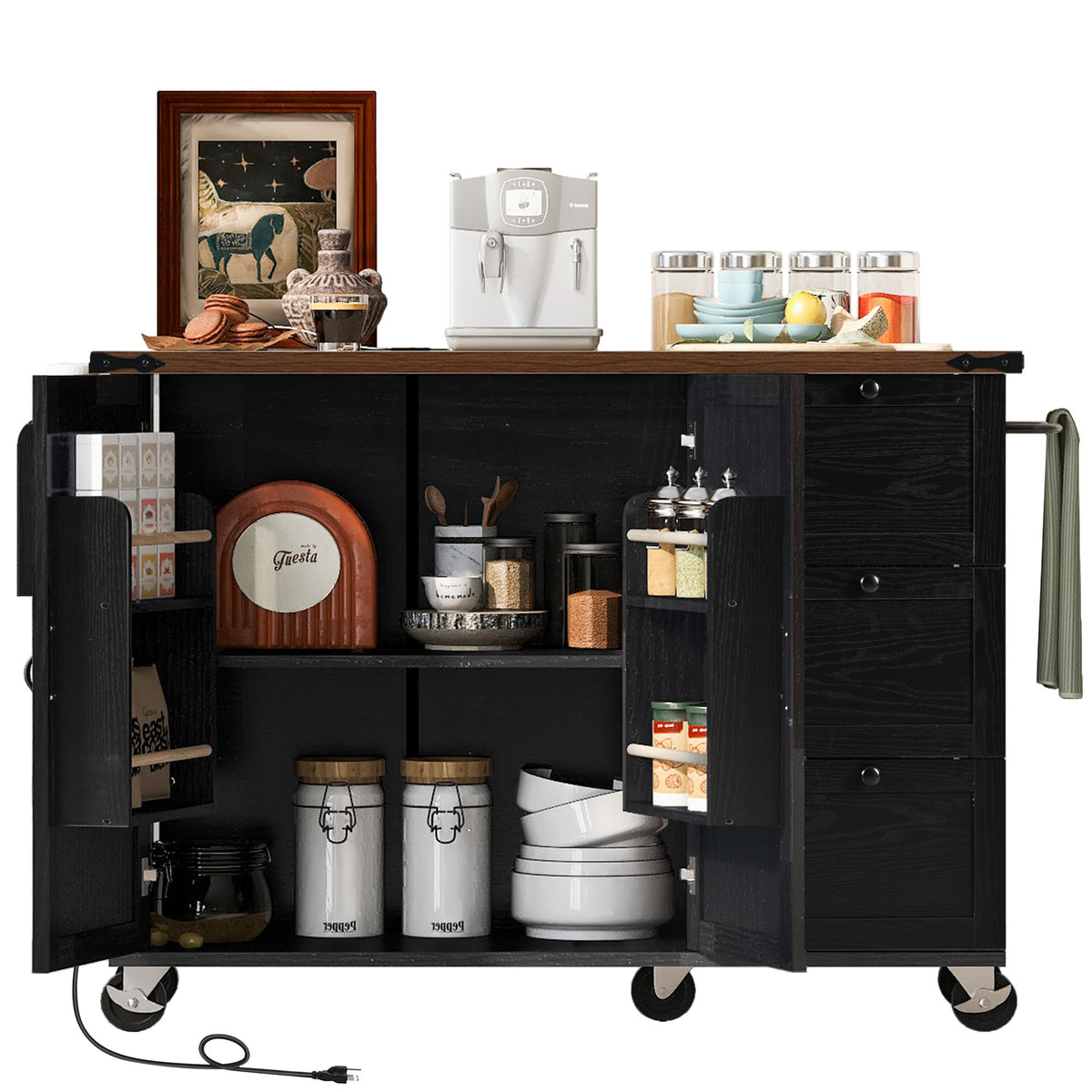 K&K 54.5" Farmhouse Kitchen Island with Power Outlet, Kitchen Storage Islandwith Internal Storage Rack, Drop Leaf, Spice Rack, Rolling Kitchen Cart on Wheels, for Home, Kitchen and Dining Room,Black N707P170349B-djyc