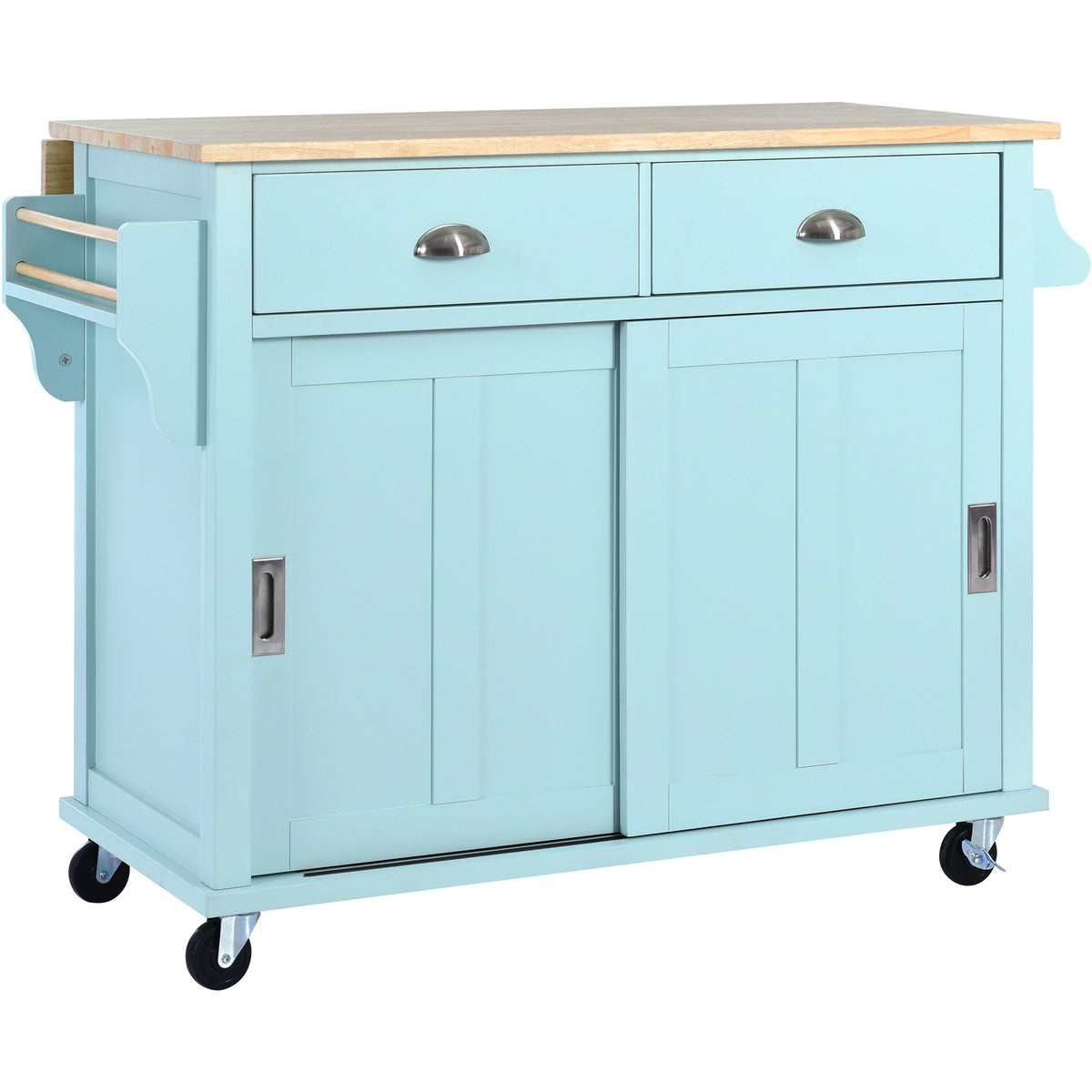 Kitchen Cart with Rubber wood Drop-Leaf Countertop, Concealed sliding barn door adjustable height,Kitchen Island on 4 Wheels with Storage Cabinet and 2 Drawers,L52.2xW30.5xH36.6 inch, Mint Green SK000001AAE-djyc