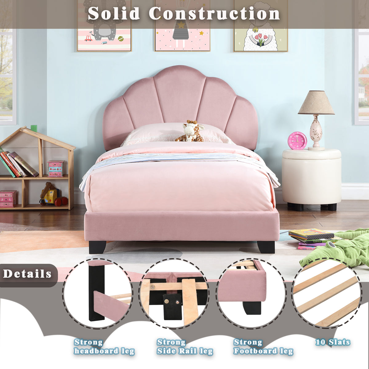 Upholstered Twin Size Platform Bed for Kids, Wooden Bed Frame with Slatted Bed Base, No Box Spring Needed, Cute Bed Frame with Shell Design Headboard for Girls Boys Teens, Pink W1998124486-djyc