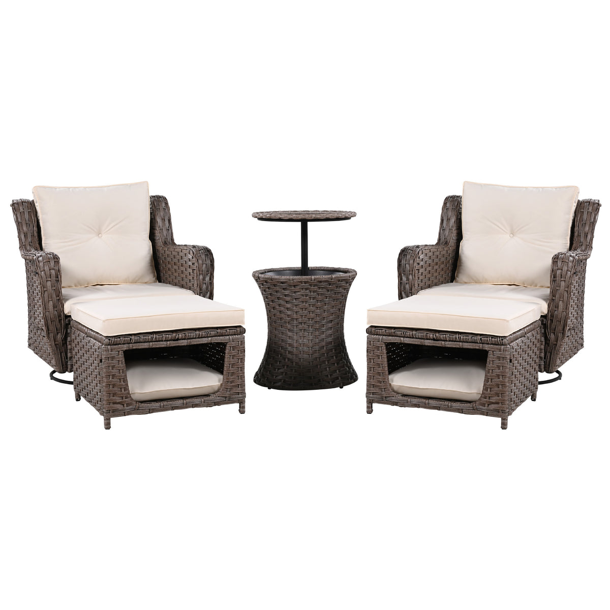 K&K 5 Pieces Outdoor Patio Furniture Set with Pet House Cool Bar and Retractable Side Tray, Rattan Wicker Patio Swivel Rocking Chairs Set of 2 with Ottomans for Backyard, Porch, Balcony, Beige SK000006AAA-djyc