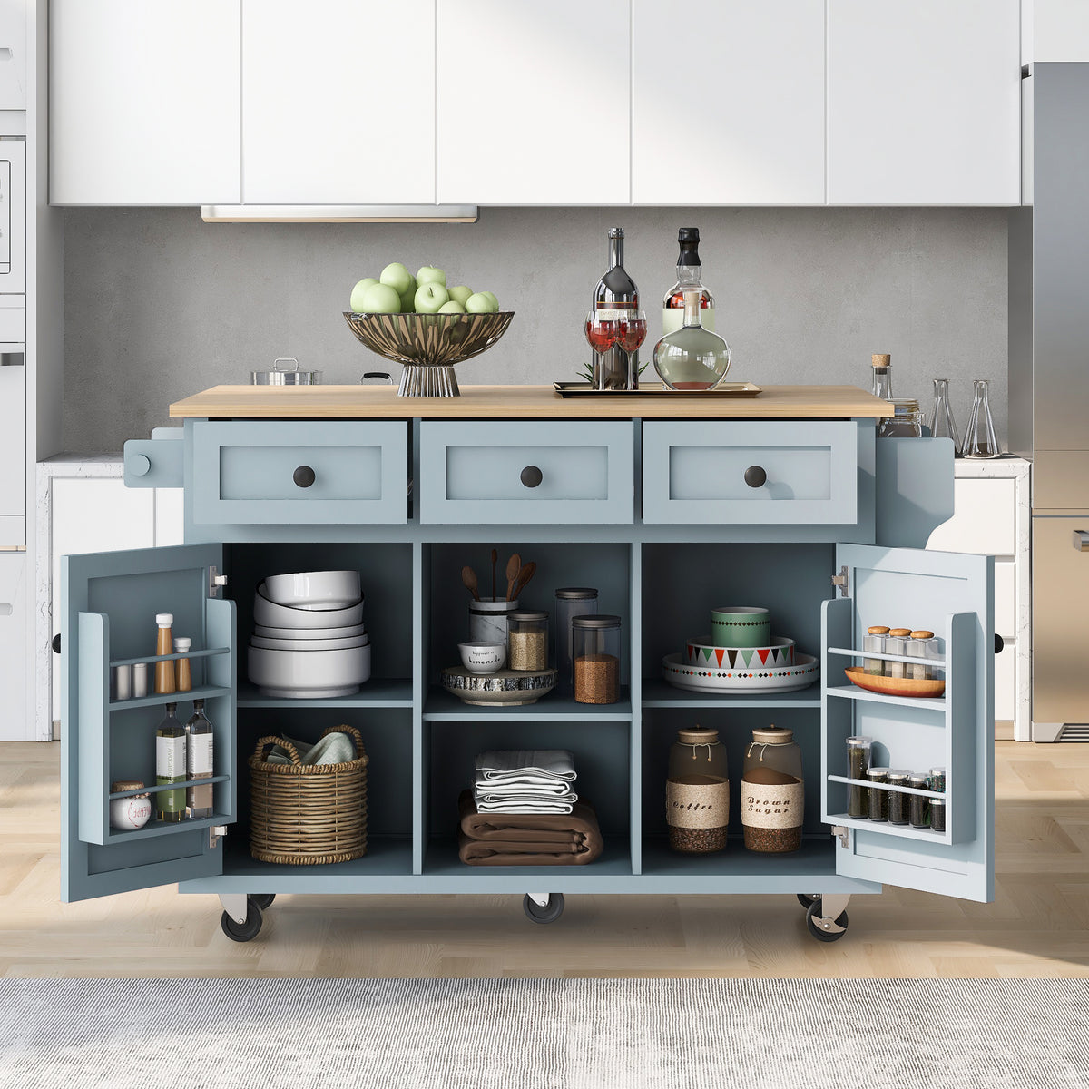 Kitchen Cart with Rubber wood Drop-Leaf Countertop ,Cabinet door internal storage racks,Kitchen Island on 5 Wheels with Storage Cabinet and 3 Drawers for Dinning Room, Grey Blue WF298028AAN-djyc