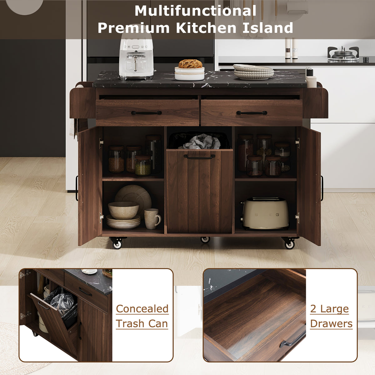 K&K Kitchen Island with Trash Can Storage Cabinet, Kitchen Cart with Drop Leaf, Spice Rack, Towel Rack and Drawer, Rolling Kitchen Island on Wheels with Adjustable Shelf, Walnut Brown WF326381AAZ-djyc