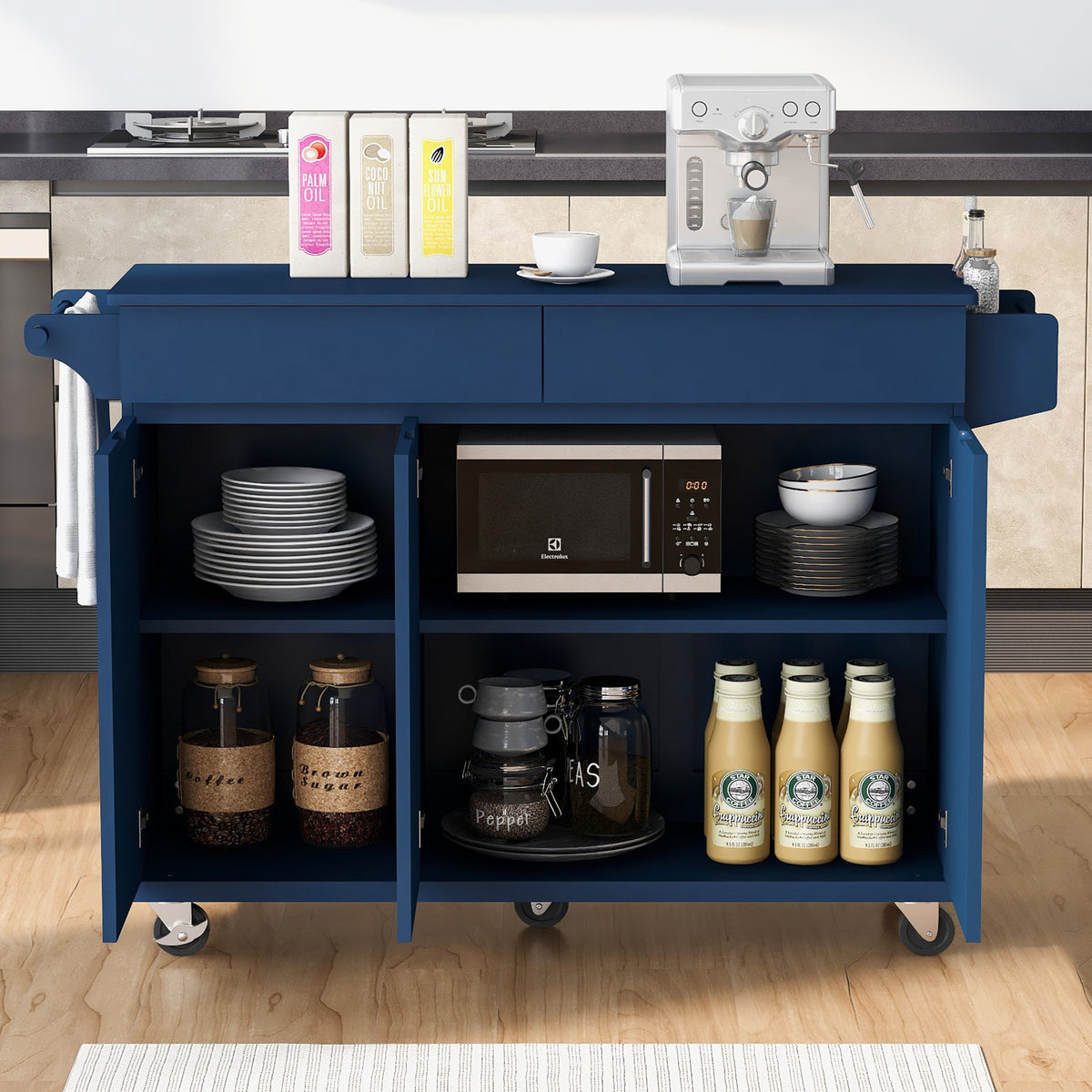 K&K 53.2''Kitchen Island with Drop Leaf, Kitchen Storage Cart with Spice Rack, Towel Rack and 2 Drawers, Rolling Kitchen Island on Wheels with Adjustable Shelves for Kitchen, Dining Room, Navy Blue N707P173041G-djyc