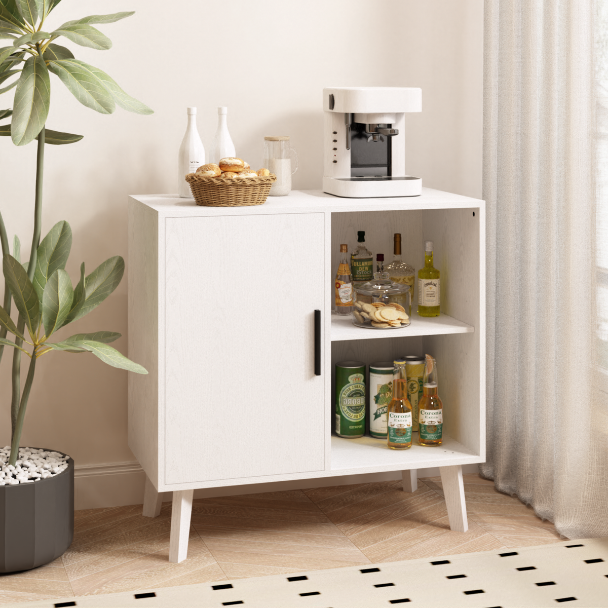 Sideboard Buffet Kitchen Storage Cabinet, Accent Cabinet with Solid Wood Feet for Decorated Doors, Dining Room, Hallway, Cupboard Console Table, Liquor / Accent Cabinet (White) W808P152923-djyc