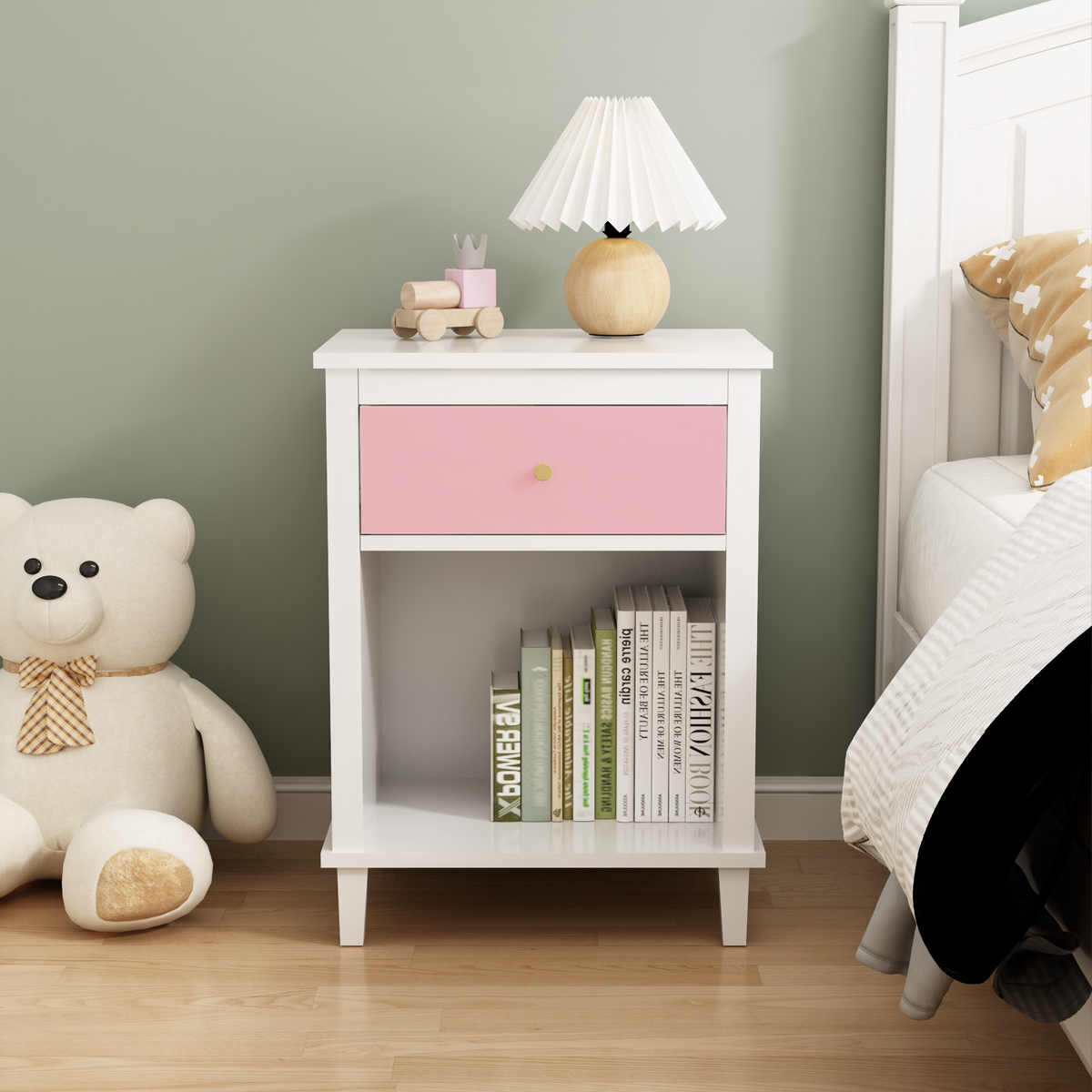 26.77''H Wooden Nightstand with One Drawer One Shelf for Kids, Adults, Pink W80859135-djyc