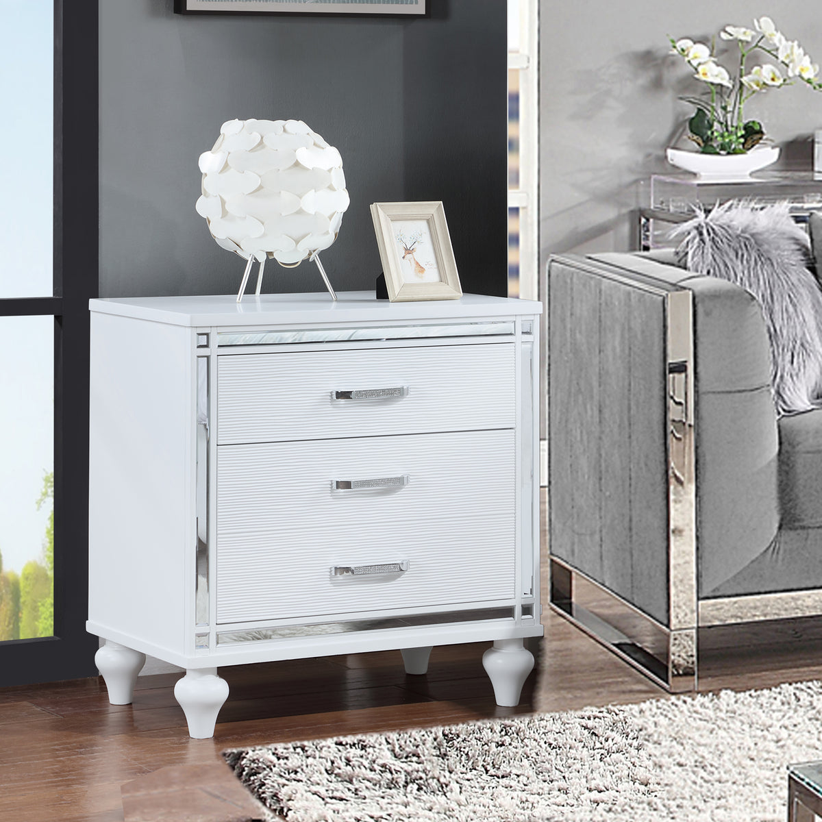 Contemporary Nightstands with mirror frame accents, Bedside Table with two drawers and one hidden drawer, End Table with Crystal Pull for Living Room,Bedroom, White W1998131735-djyc