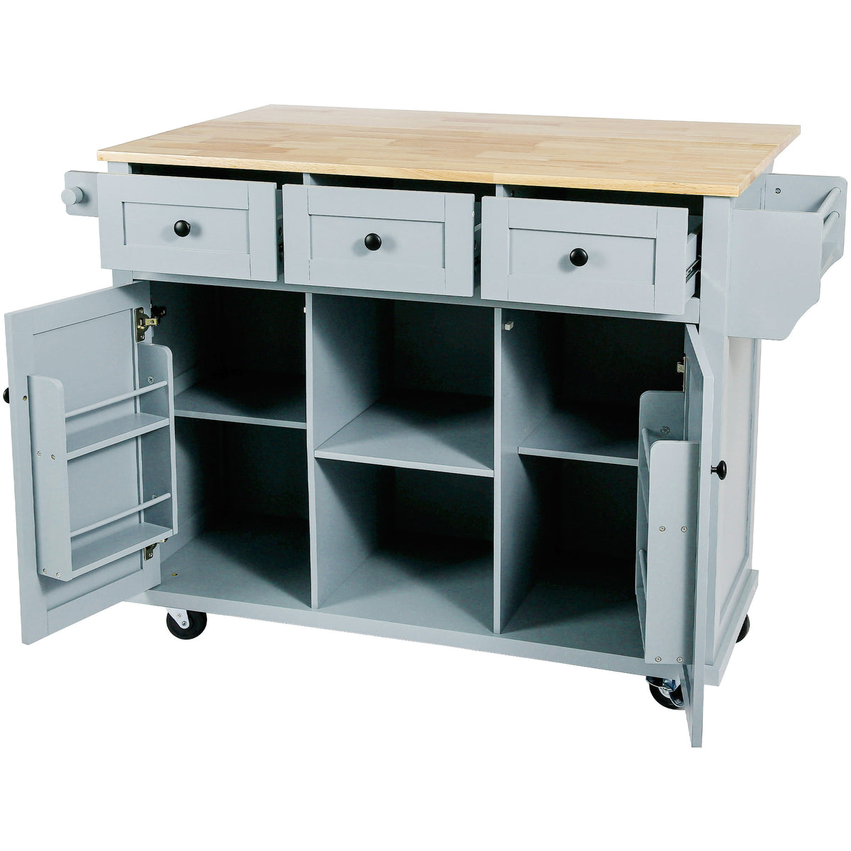 Kitchen Cart with Rubber wood Drop-Leaf Countertop ,Cabinet door internal storage racks,Kitchen Island on 5 Wheels with Storage Cabinet and 3 Drawers for Dinning Room, Grey Blue WF298028AAN-djyc