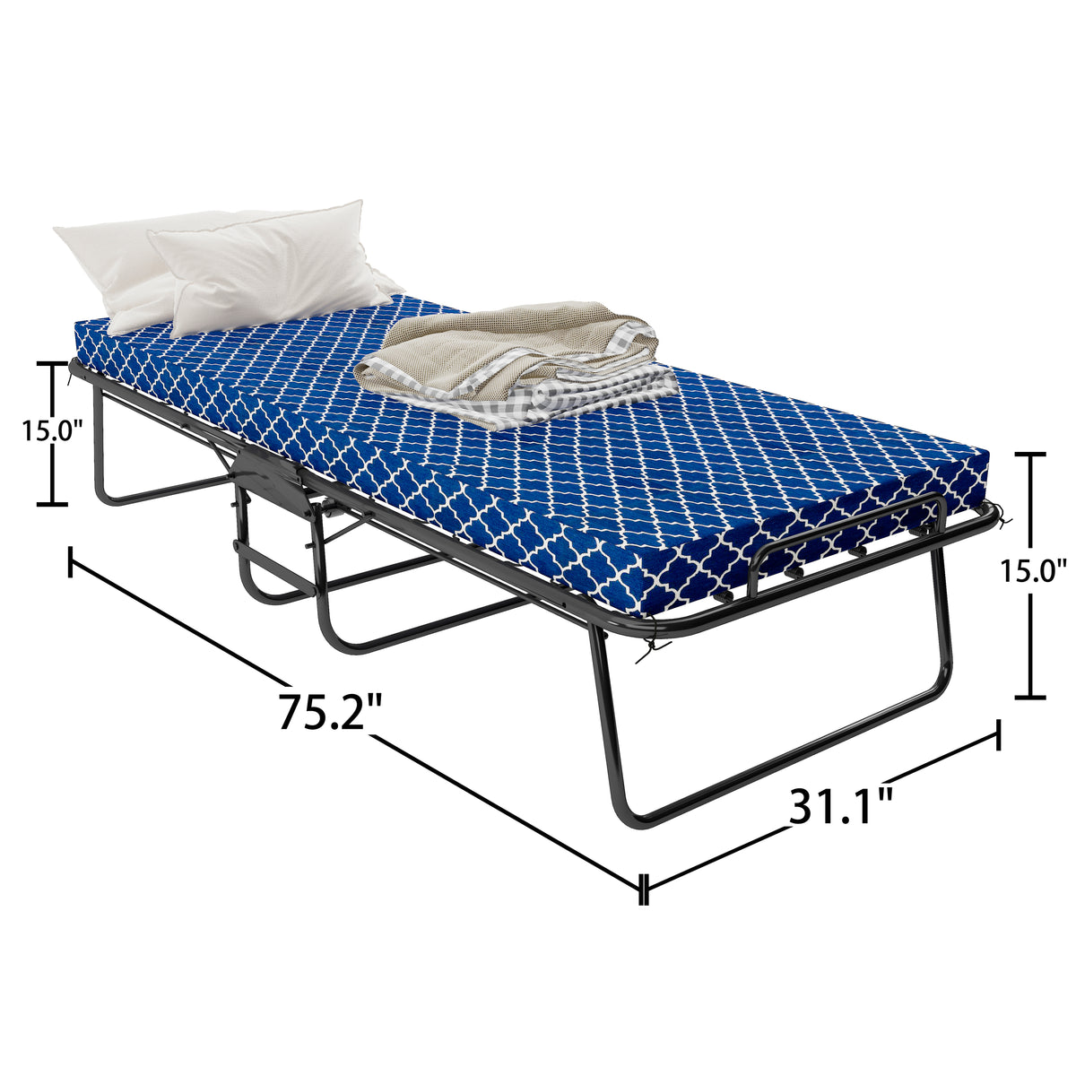 Metal Folding Bed Frame with Foam Mattress for Small Space, Easy Storage and Movable with 4 Castors W1960P162804-djyc