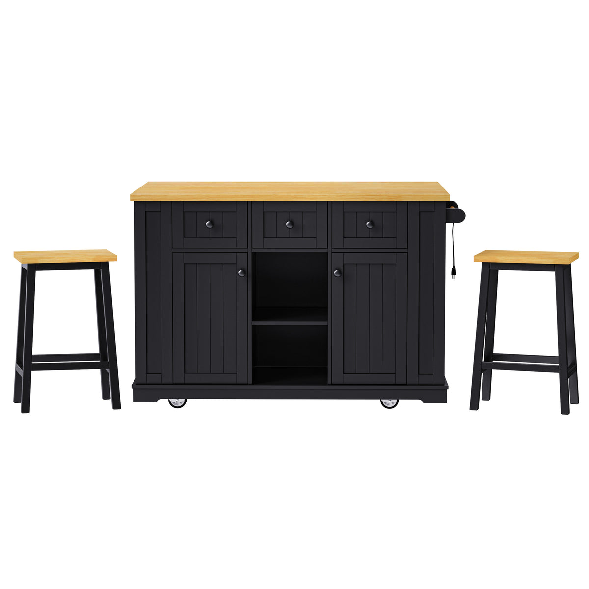 K&K 53inch Large Kitchen Island with 2 Bar Stools, Power Outlet,Door Internal Storage Rack, Kitchen Storage Cart on 5 Wheels with Drop Leaf, 5 Open Side Racks, 3 Drawers, for Kitchen,Dining Room,Black N707S000007B-djyc