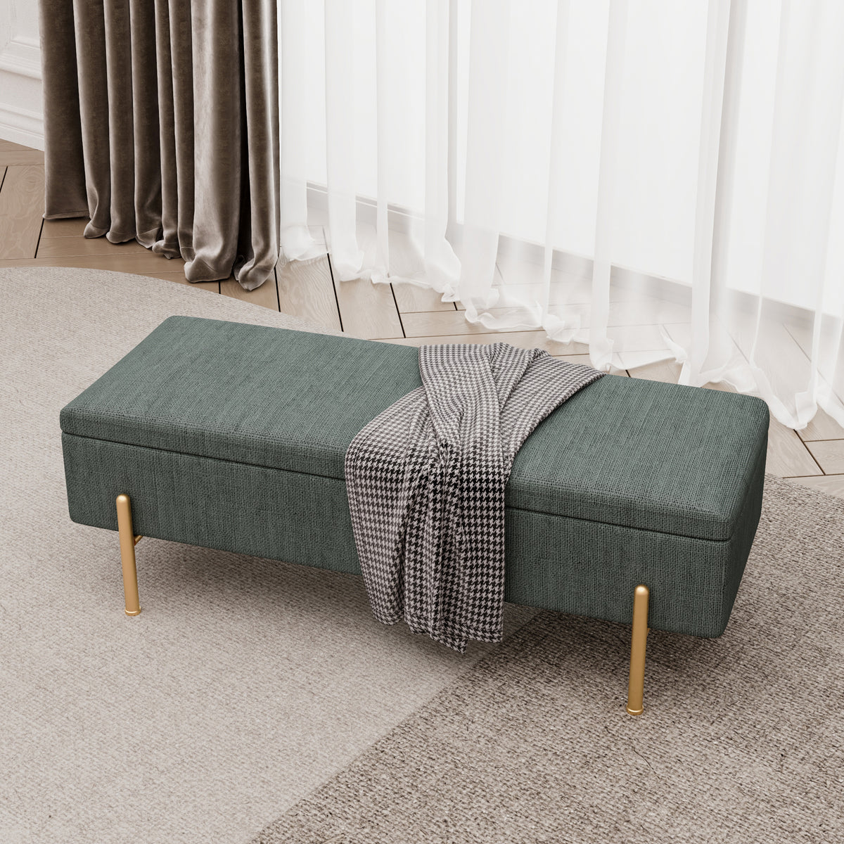 Upholstered Storage Bench Rectangular Ottoman Entryway Bench Storage Chest with Padded Seat Bed End Stool for Hallway Living Room Bedroom, Green Chenille Fabric W1435P163387-djyc