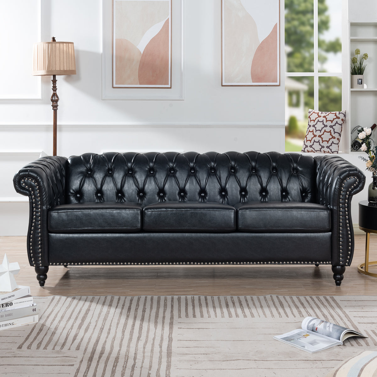 84.65' BLACK PU Rolled Arm Chesterfield Three Seater Sofa. W68035340-djyc