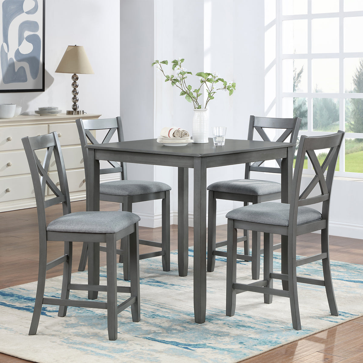 5 Piece Dining Table Set, Wooden Dining Square Table Set for 4, Counter Height Kitchen Table Set with Square Table and 4 Upholstered Chairs for Small Space, Gray W1998S00028-djyc