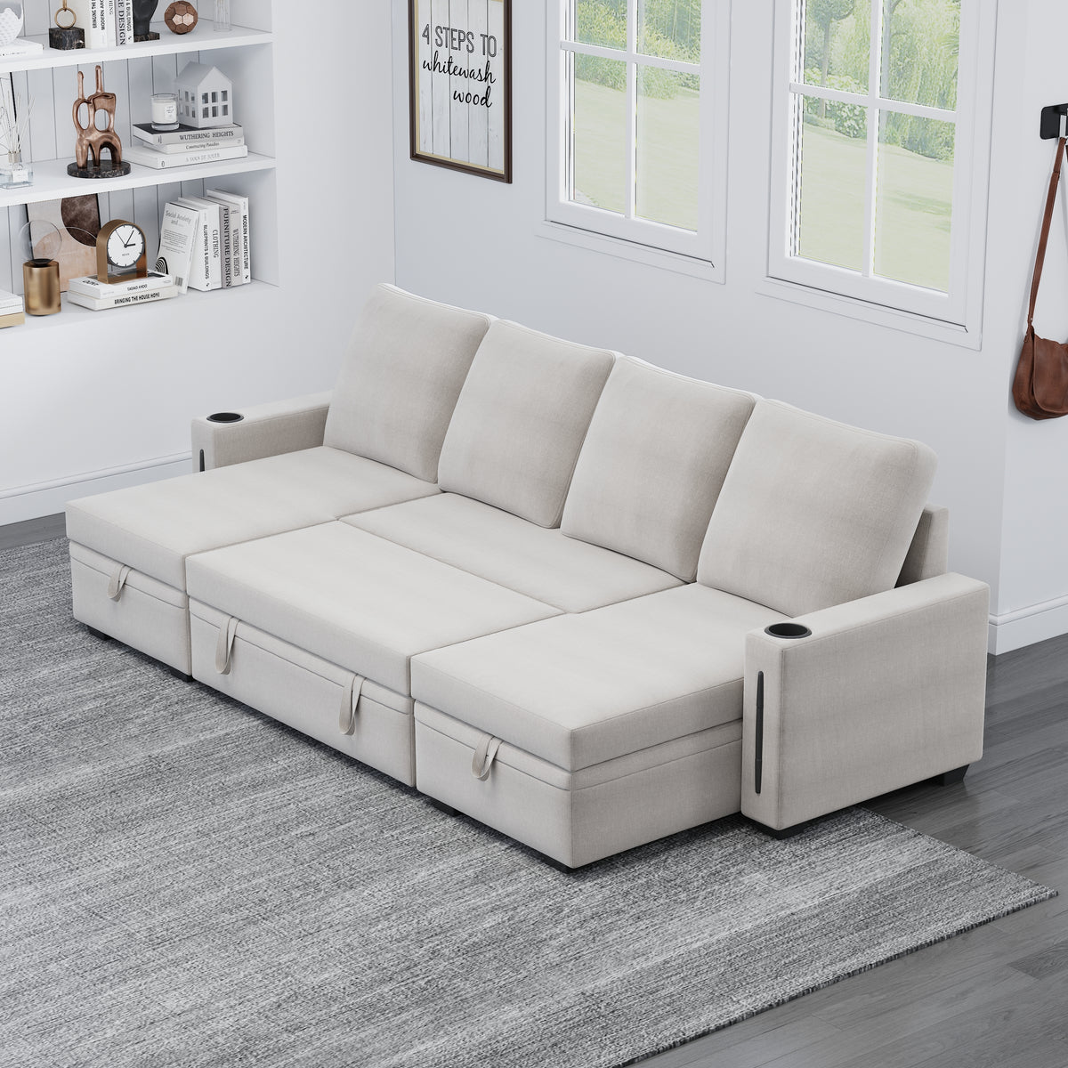 Sectional Sofa with Storage, 96" U Shaped Sectional Couches for Living Room, Comfy Convertible Sectional Sofa- Beige W1669S00007-djyc