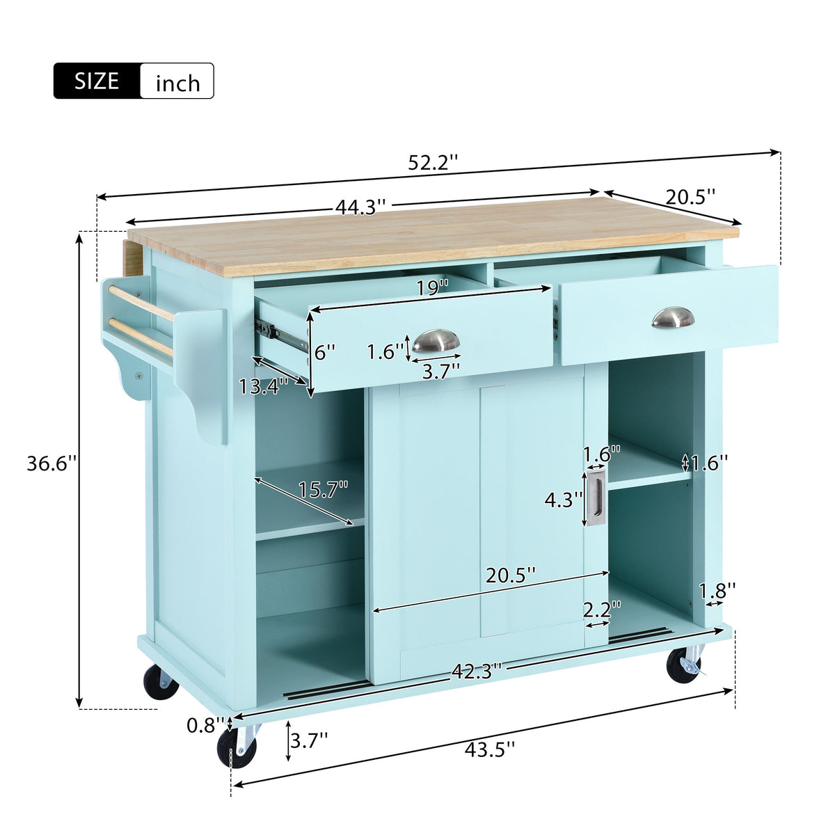 Kitchen Cart with Rubber wood Drop-Leaf Countertop, Concealed sliding barn door adjustable height,Kitchen Island on 4 Wheels with Storage Cabinet and 2 Drawers,L52.2xW30.5xH36.6 inch, Mint Green SK000001AAE-djyc