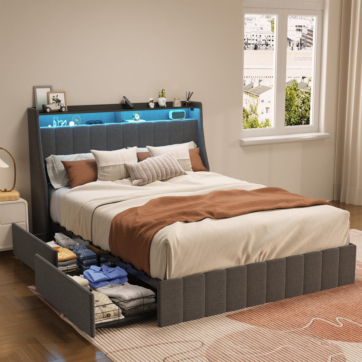 Full Size Bed Frame with LED, 4 Under-bed Portable Storage Drawers, Wings Headboard Design, Dark Grey W1960S00002-djyc