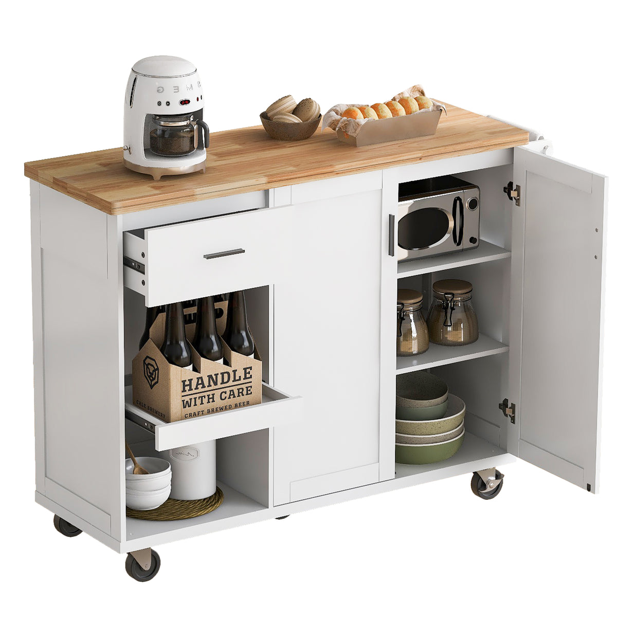 K&K Kitchen Island with Foldable Counter Top, Kitchen Storage Cart with Slide-Out Shelf, Towel Rack and Drawer, Rolling Kitchen Cart on Wheels, for Kitchen, Living Room, Dining Room, White N707P173036W-djyc