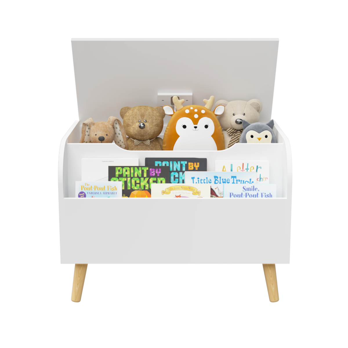 Wooden Toy Box, Kids Toy Storage Organizer with Front Bookshelf, Flip-Top Lid, Safety Hinge, Boys Girls Toy Chest Bench for Playroom Kids Room Organization (White) W808127560-djyc