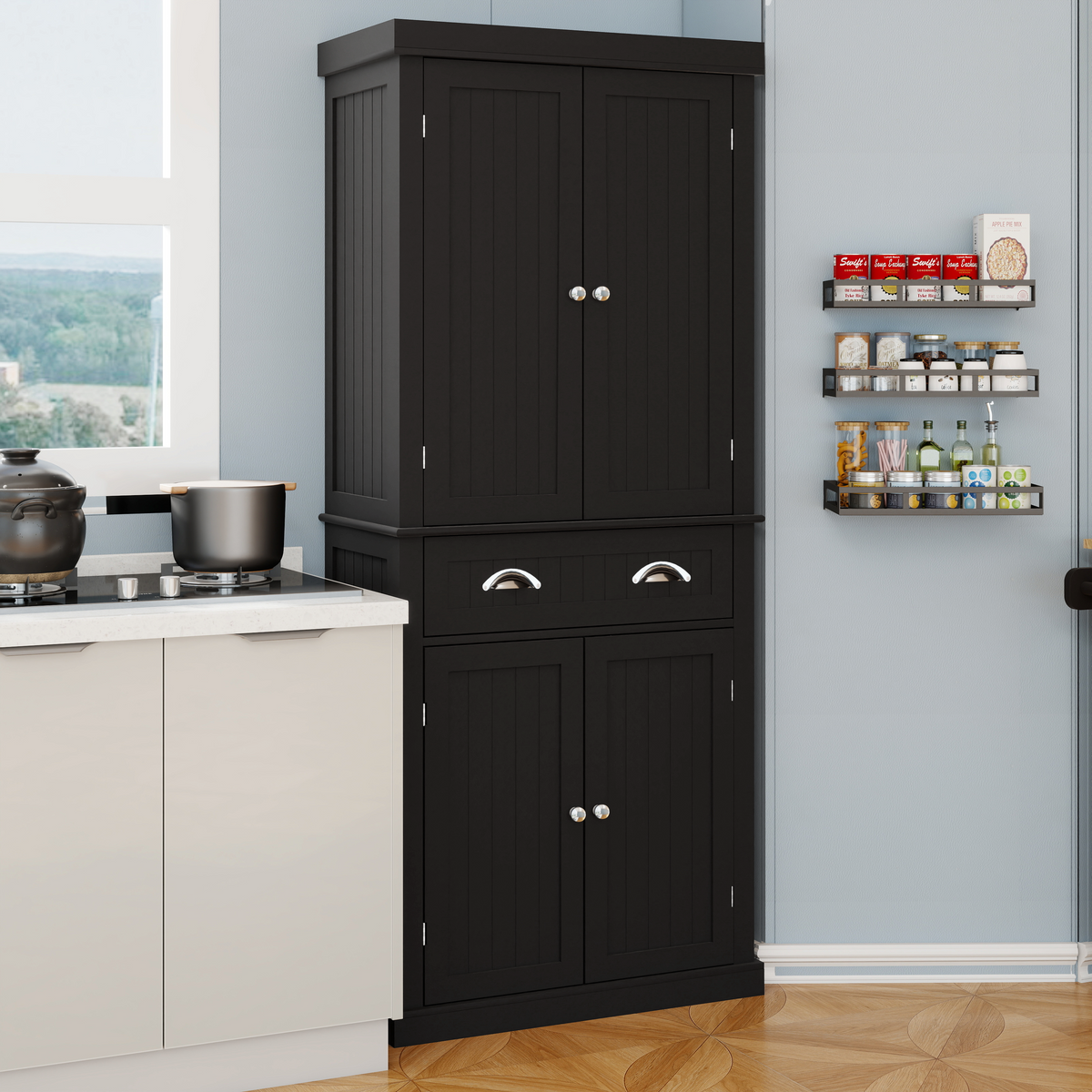 71" Kitchen Pantry Storage Cabinet , with 4 Doors, Drawer, 2 Adjustable Shelves, Freestanding Cupboard for Dining Room Living Room, Laundry-Black W282S00032-djyc