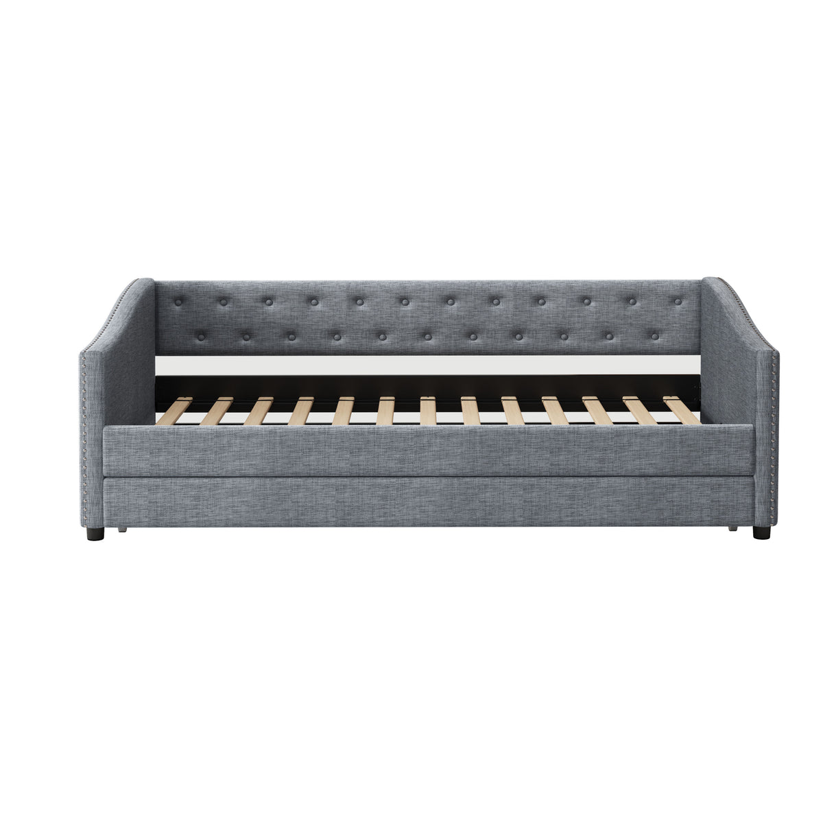 Twin Size Daybed with Twin Size Trundle Upholstered Tufted Sofa Bed, with Button on Back and Copper Nail on Waved Shape Arms-Light Grey W2336S00009-djyc