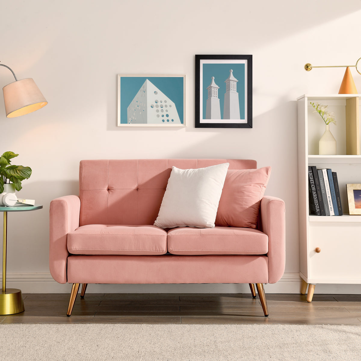 Loveseat Sofa, Mid Century Modern Decor Love Seat Couches for Living Room, Button Tufted Upholstered Small Couch for Bedroom, Solid and Easy to Install Love Seats Furniture,Pink W487P189546-djyc