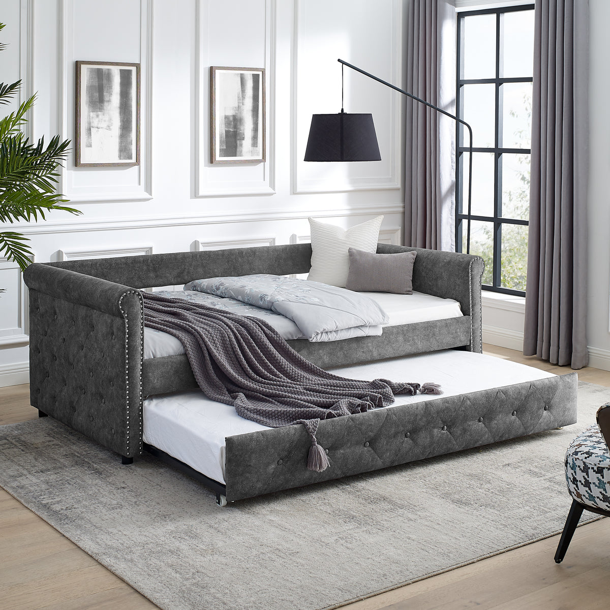 Daybed with Trundle Upholstered Tufted Sofa Bed,with Button and Copper Nail on Arms,both Twin Size,Grey(85.5"x42"x30.5") W487S00138-djyc