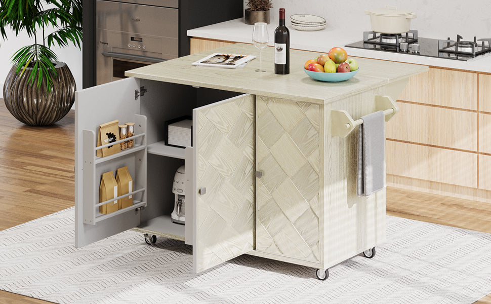 K&K 51.2"W Ash Veneer (Not Cheap Paper) Solid Wood Handwoven Kitchen Island with Drop Leaf, Coastal Kitchen Island on Wheels with Internal Storage Rack, Rolling Kitchen Cart, Champagne N707P207916X-djyc