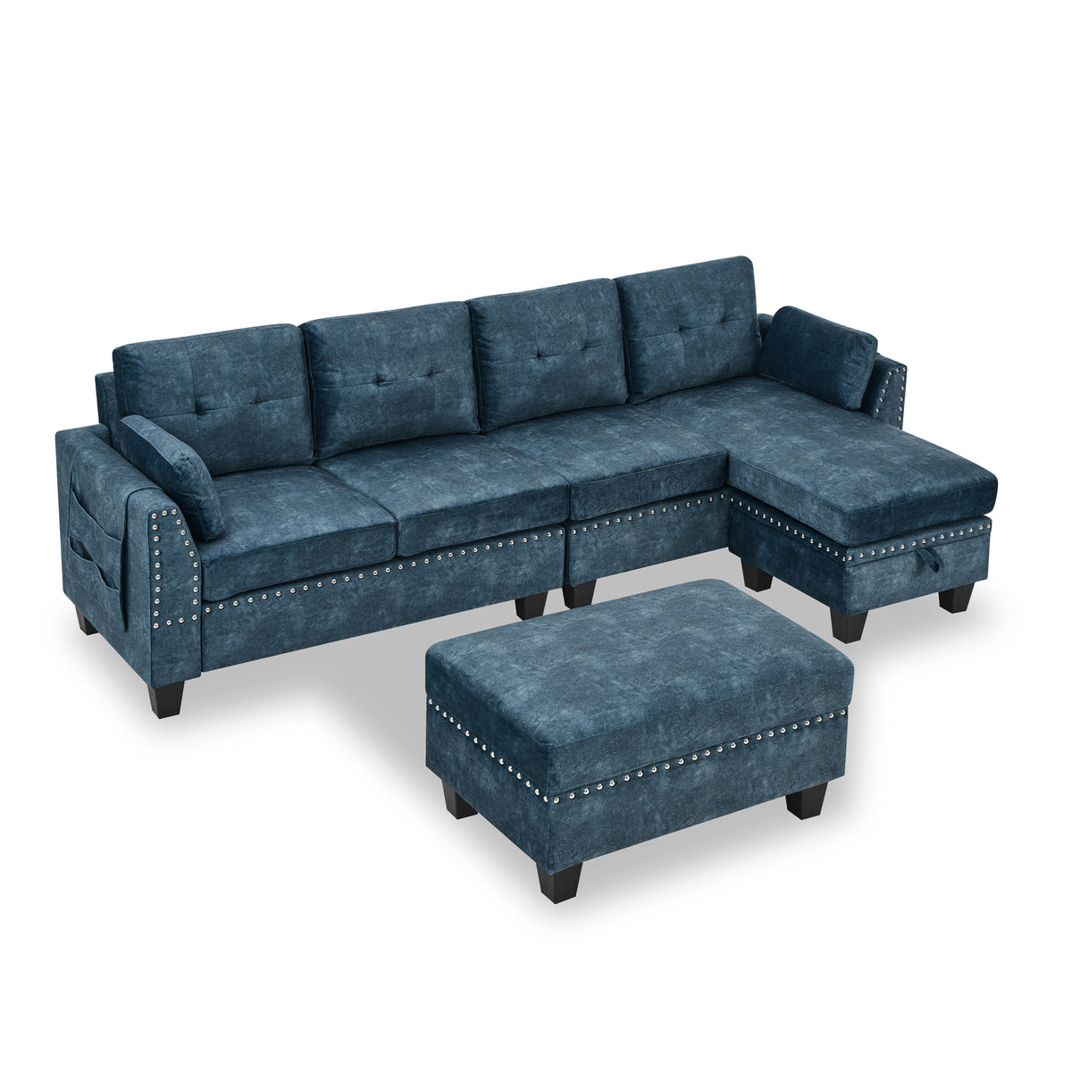 Sectional 3-Seaters Sofa ,Double-sided multi-functional footstool, storage mat , Non-slip leg, two pillows, Velvet,Navy blue W487S00239-djyc