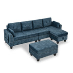 Sectional 3-Seaters Sofa ,Double-sided multi-functional footstool, storage mat , Non-slip leg, two pillows, Velvet,Navy blue W487S00239-djyc