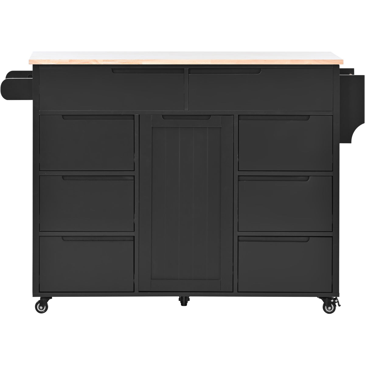 K&K Store Kitchen Cart with Rubber Wood Countertop , Kitchen Island has 8 Handle-Free Drawers Including a Flatware Organizer and 5 Wheels for Kitchen Dinning Room, Black SK000002AAB-djyc