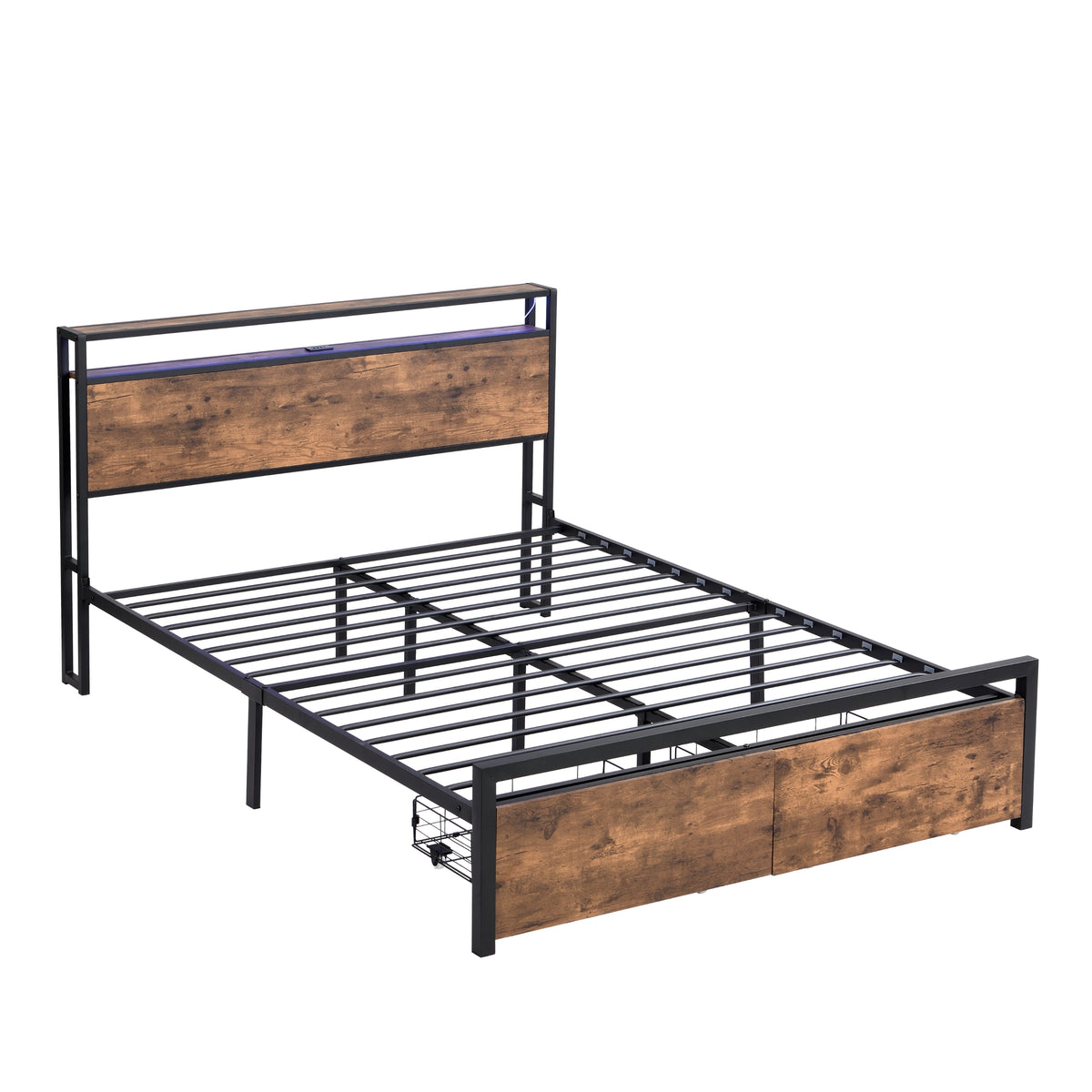 Full Size Bed Frame with Storage Headboard and 2 Drawers, LED Lights Bed with Charging Station, Metal Platform Bed No Noise, Mattress Foundation Strong Metal Slats Support No Box Spring Needed W1916126252-djyc