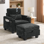 Single sofa recliner with manually adjustable backrest, USB charging port on the armrest side, phone stand included, hidden armrest storage, and a matching storage ottoman-Black-W487P423649